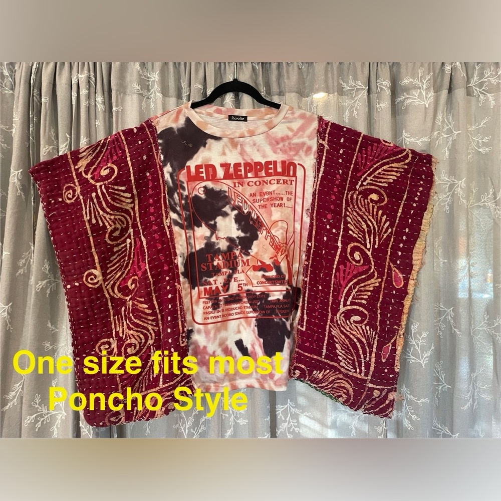 Led Zeppelin Graphic Long Kantha Sleeve Poncho Top - Red and White